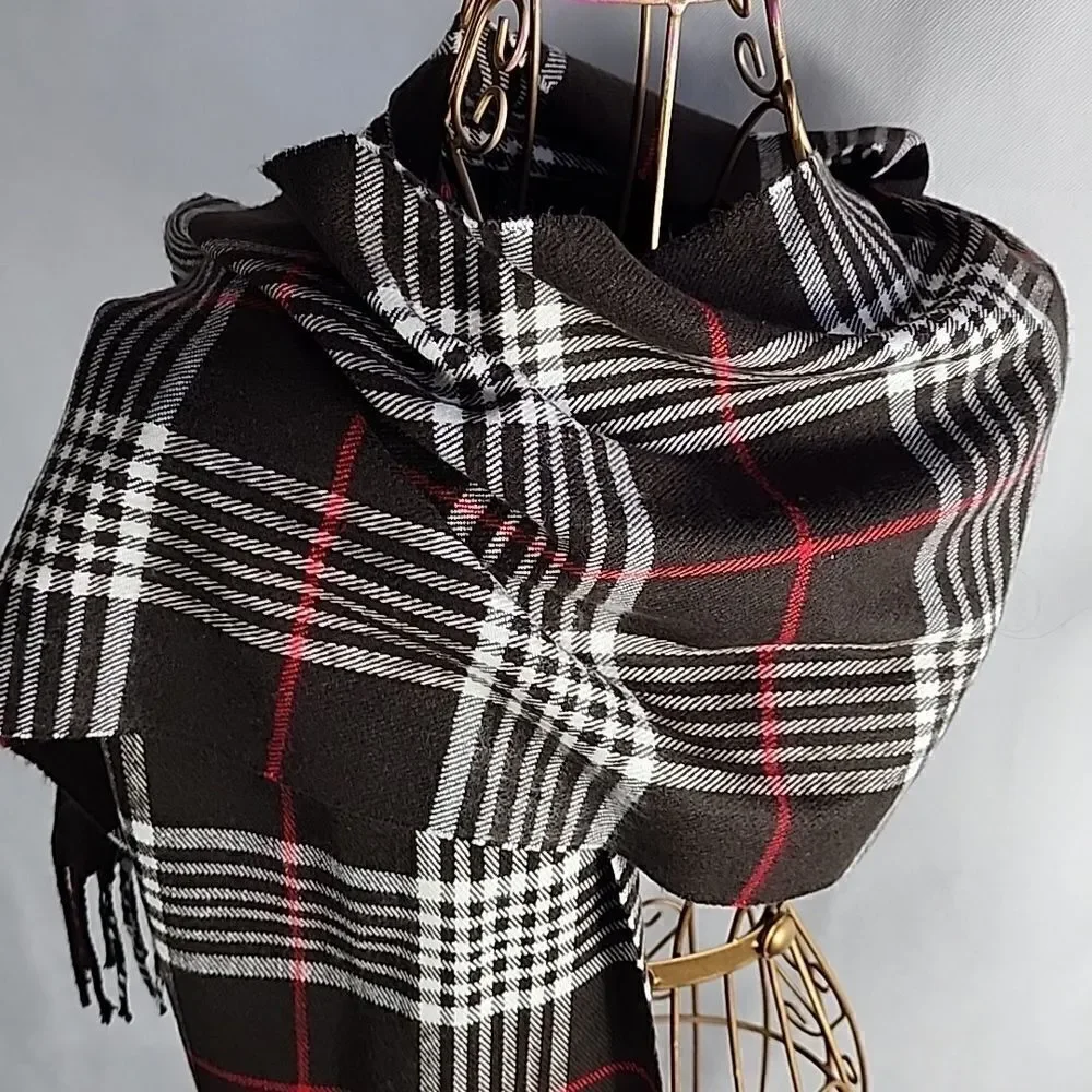 Luxury Cashmere Braided  Fringed Buttery Soft Plaid Scarf Chocolate Brown